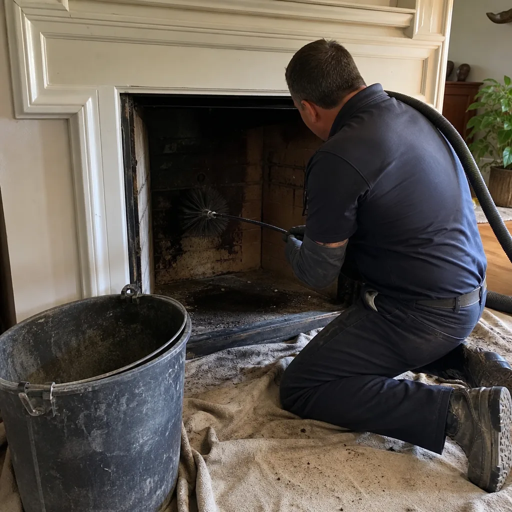 Professional technician performing chimney cleaning and soot sweeping in a fireplace