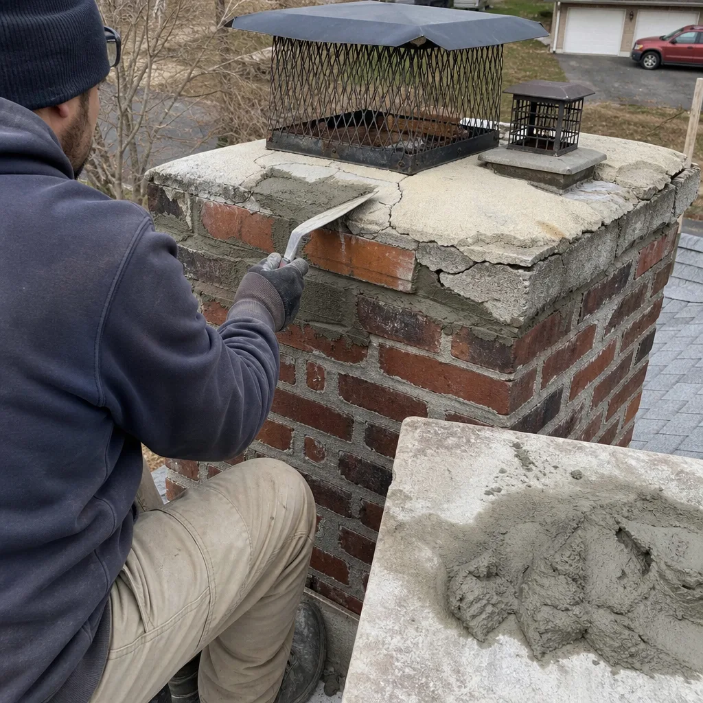 Professional technician repairing a damaged chimney crown with mortar.