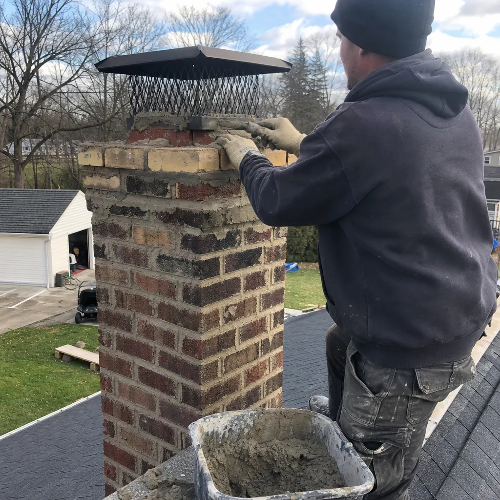 Professional technician performing chimney cap repair and masonry work on a roof.
