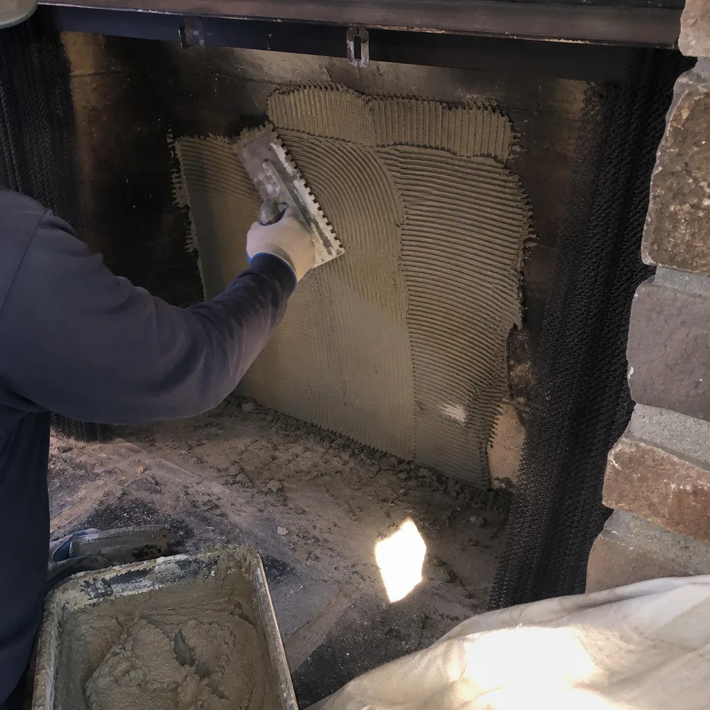 Professional contractor applying mortar to fireplace wall during masonry repair