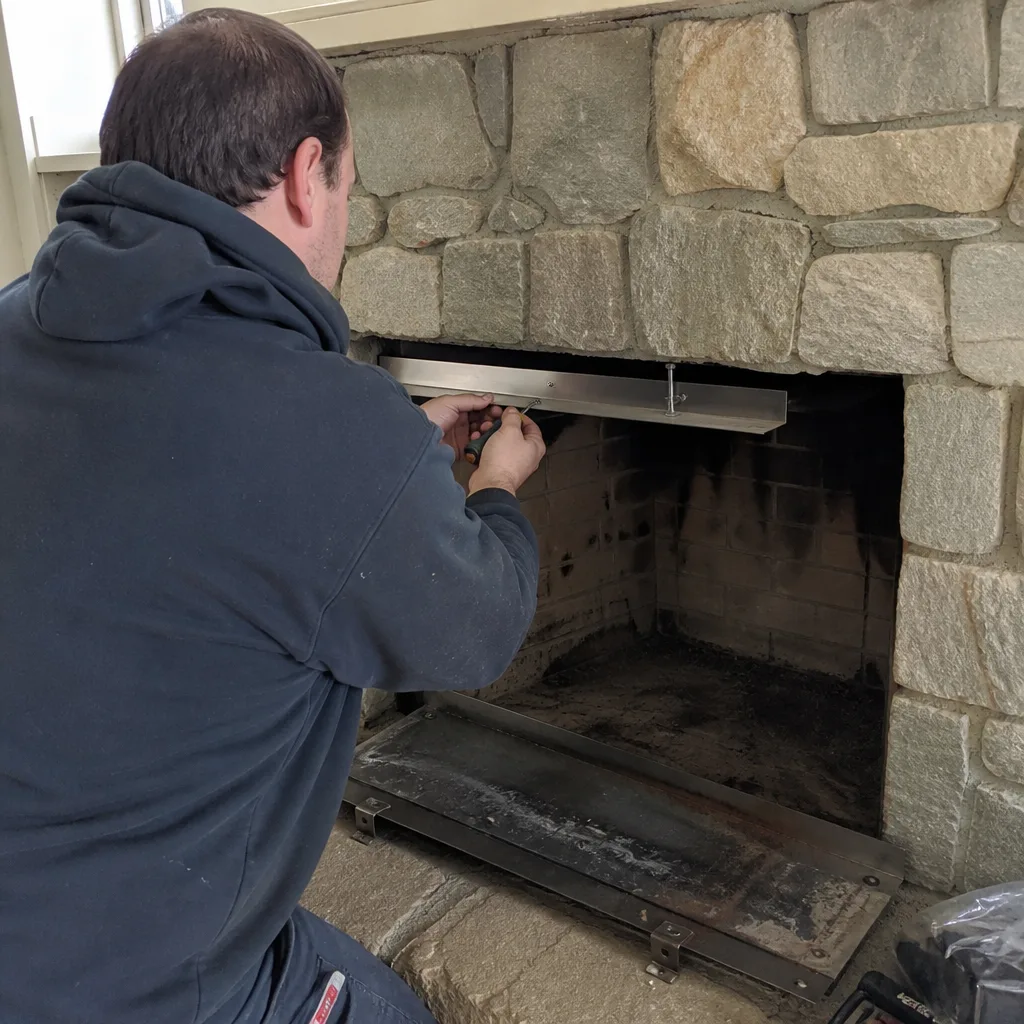 Technician installing a fireplace damper component in a stone hearth